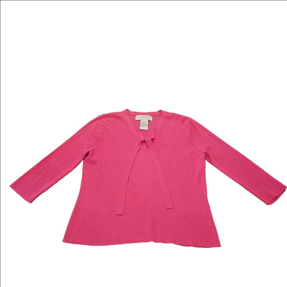 Women's SAG HARBOR Petite Pink Ribbed Knit V-Neck Sweater Size LP
